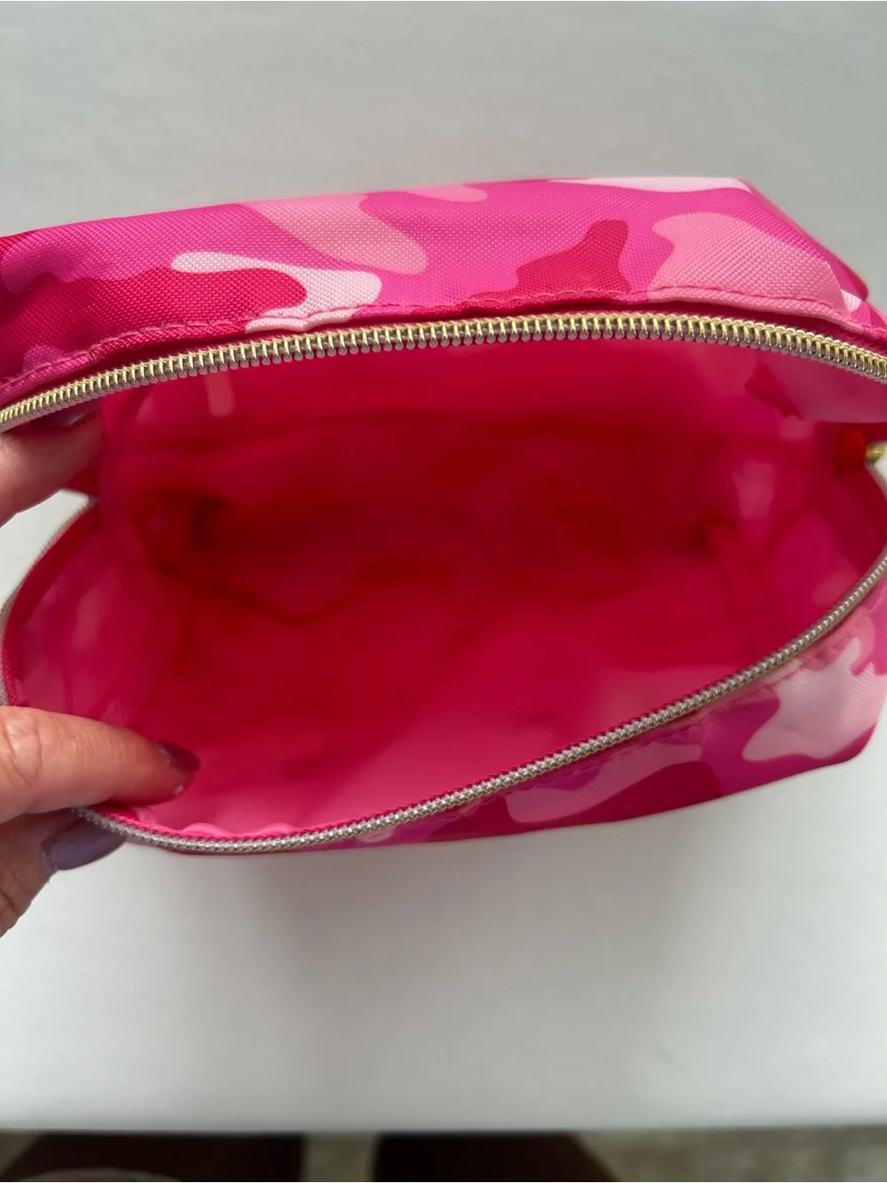 Too Faced Hot Pink Camo Makeup Pouch with Gold Logo